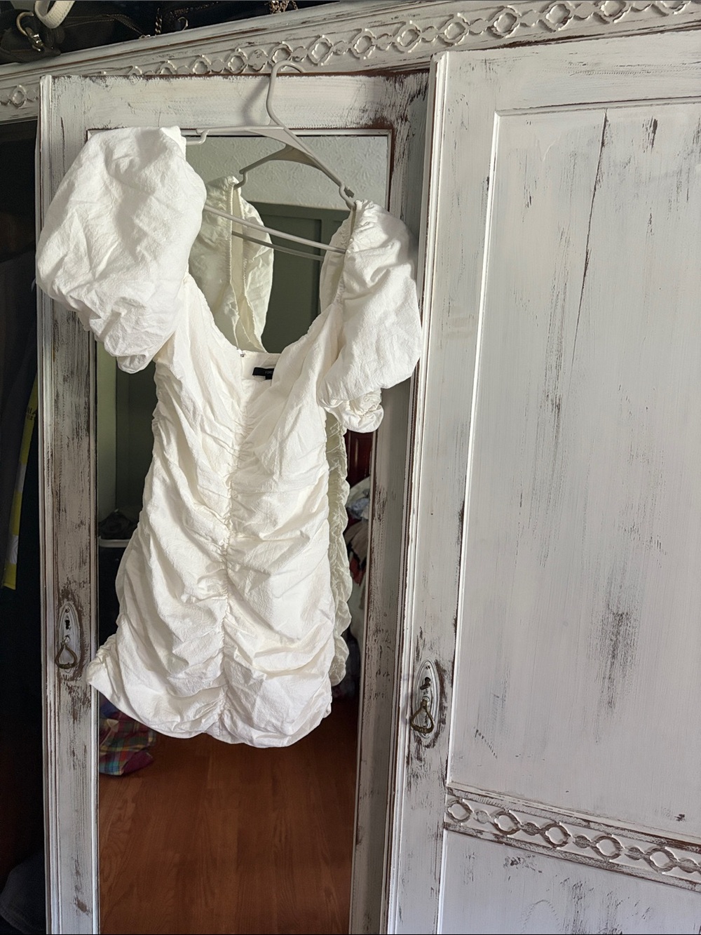 White Puff-Sleeve Ruched Mini Dress